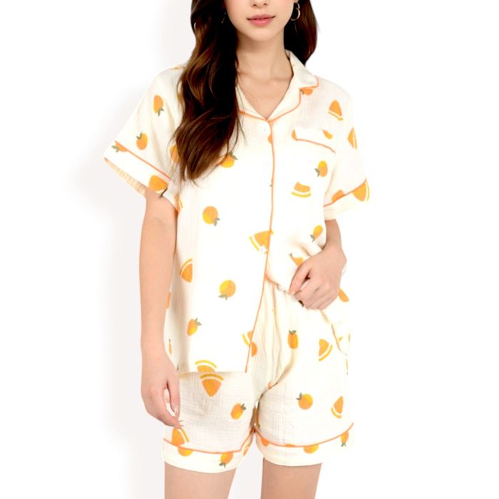 Women's Fruit Print 2-Piece Pajama Set with Short Sleeve Button-Up Top and Relaxed Fit Shorts