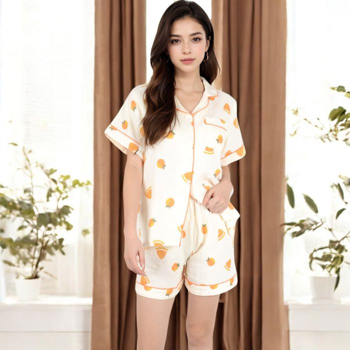 Women's Fruit Print 2-Piece Pajama Set with Short Sleeve Button-Up Top and Relaxed Fit Shorts