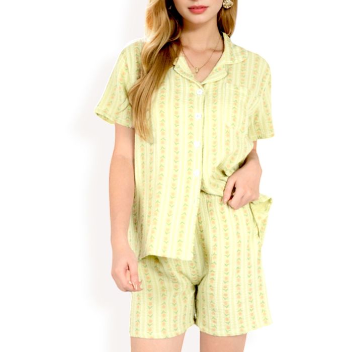 Women's Striped Print 2-Piece Pajama Set with Short Sleeve Button-Up Top and Relaxed Fit Shorts