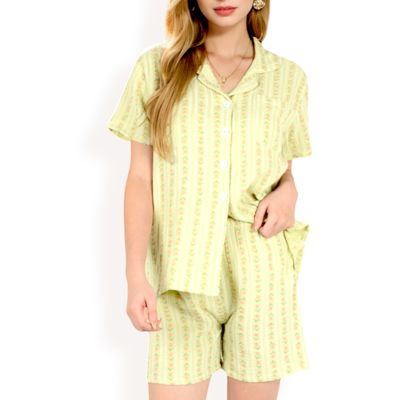 Women's Striped Print 2-Piece Pajama Set with Short Sleeve Button-Up Top and Relaxed Fit Shorts