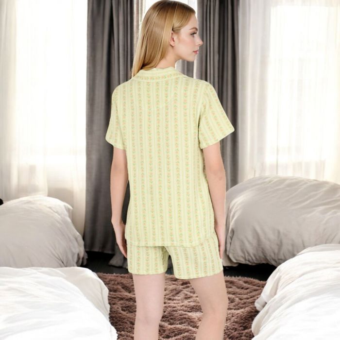 Women's Striped Print 2-Piece Pajama Set with Short Sleeve Button-Up Top and Relaxed Fit Shorts