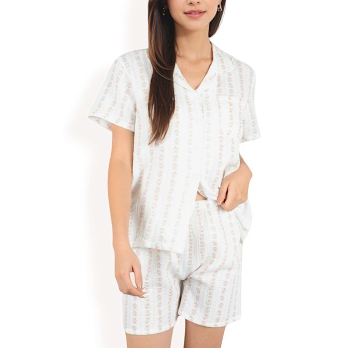 Women's Striped Print 2-Piece Pajama Set with Short Sleeve Button-Up Top and Relaxed Fit Shorts