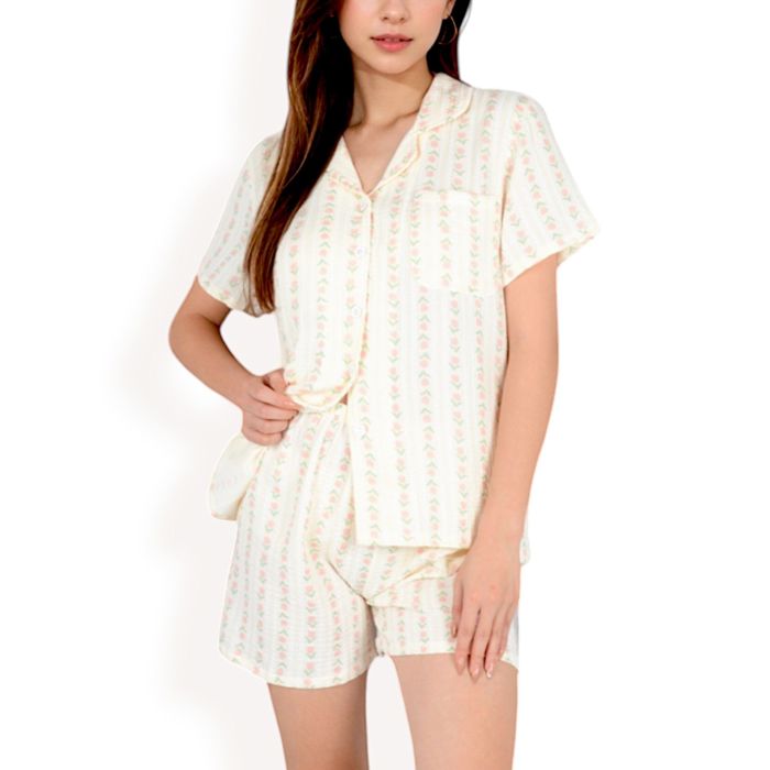 Women's Striped Print 2-Piece Pajama Set with Short Sleeve Button-Up Top and Relaxed Fit Shorts