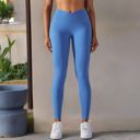 Blue Medium Women's Overlap V-Waist High-Waisted with Pockets Seamless Yoga Workout Compression Tights for Running and Gym Training