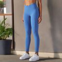 Blue Medium Women's Overlap V-Waist High-Waisted with Pockets Seamless Yoga Workout Compression Tights for Running and Gym Training