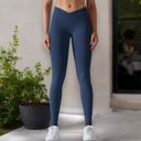 Blue Medium Women's High Waist Seamless Ribbed Full Length Leggings
