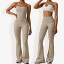 Beige Medium Women's Flared Halter Neck Jumpsuit Convert to High Waist Flared Yoga Pants