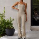 Beige XL Women's Flared Halter Neck Jumpsuit Convert to High Waist Flared Yoga Pants