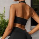 Black Large Women's Halter Neck Sports Bra with Elastic Band and V-Neckline