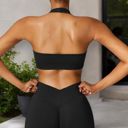 Black Medium Women's Halter Neck Sports Bra with Elastic Band and V-Neckline