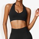 Black Small Women's Halter Neck Sports Bra with Elastic Band and V-Neckline