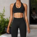Black Small Women's Halter Neck Sports Bra with Elastic Band and V-Neckline