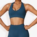 Blue Medium Women's Halter Neck Sports Bra with Elastic Band and V-Neckline