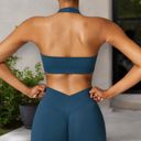 Blue Medium Women's Halter Neck Sports Bra with Elastic Band and V-Neckline