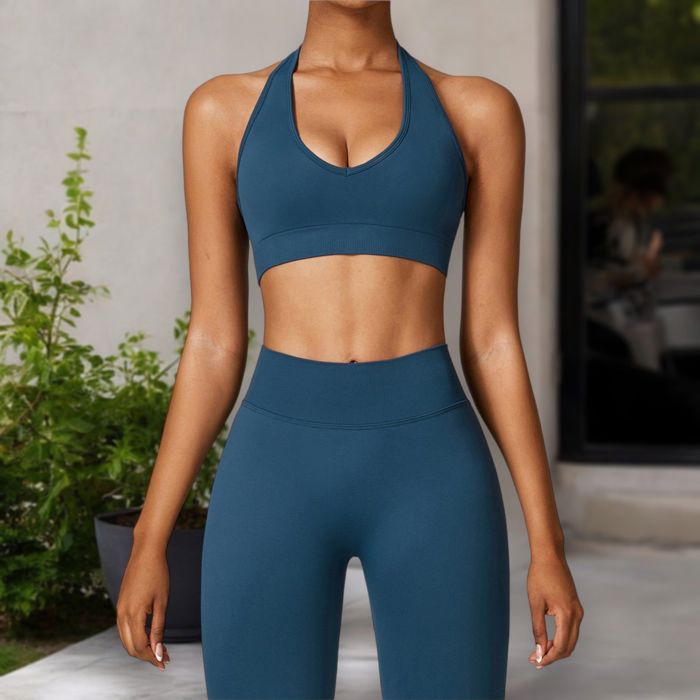 Women's Halter Neck Sports Bra with Elastic Band and V-Neckline