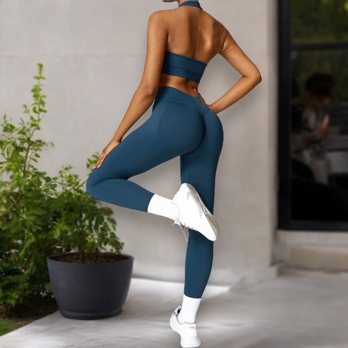 Women's Halter Neck Sports Bra with Elastic Band and V-Neckline