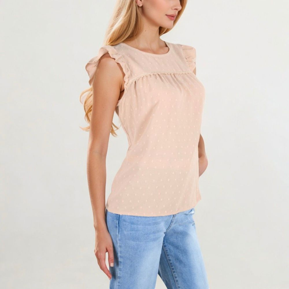 Sleeveless Swiss Dot Ruffle Blouse With Pintuck Detail