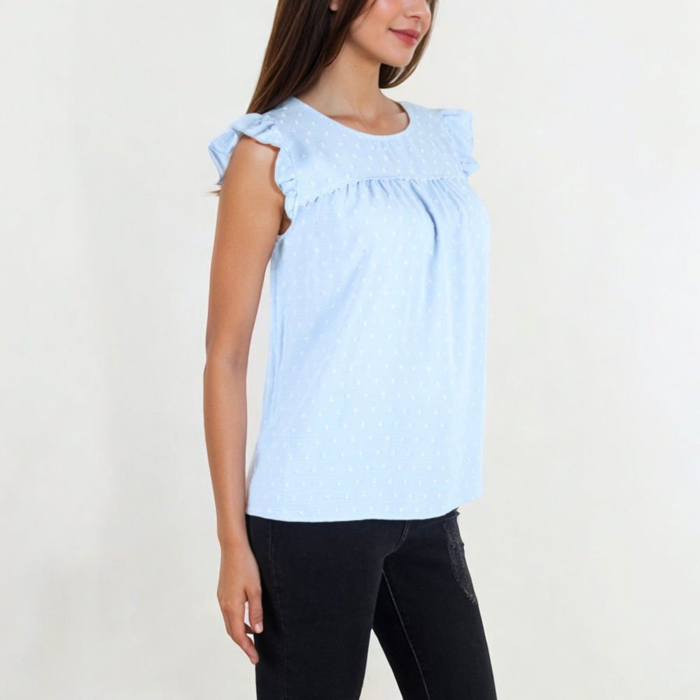 Sleeveless Swiss Dot Ruffle Blouse With Pintuck Detail