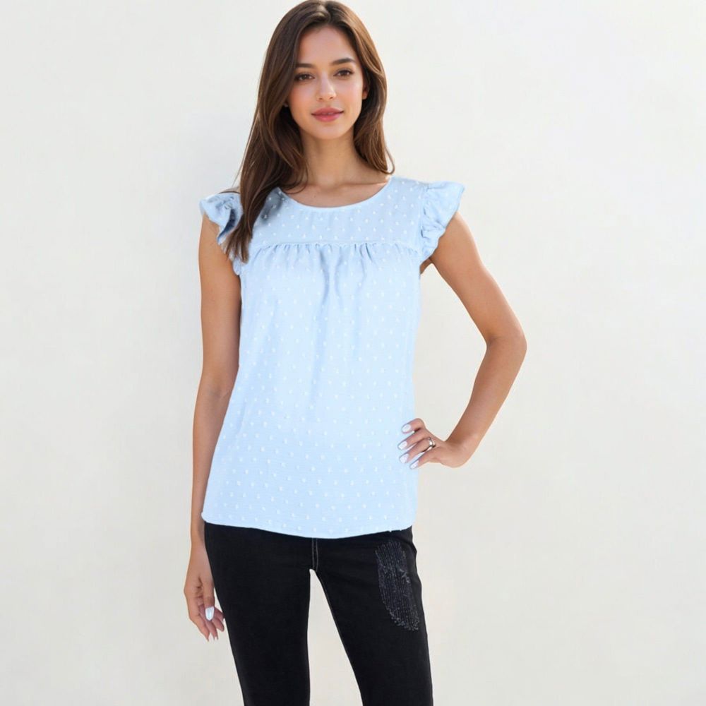 Sleeveless Swiss Dot Ruffle Blouse With Pintuck Detail