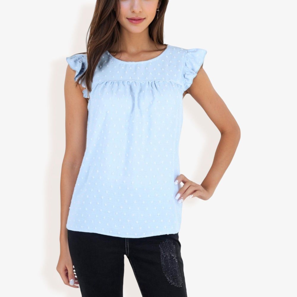 Sleeveless Swiss Dot Ruffle Blouse With Pintuck Detail