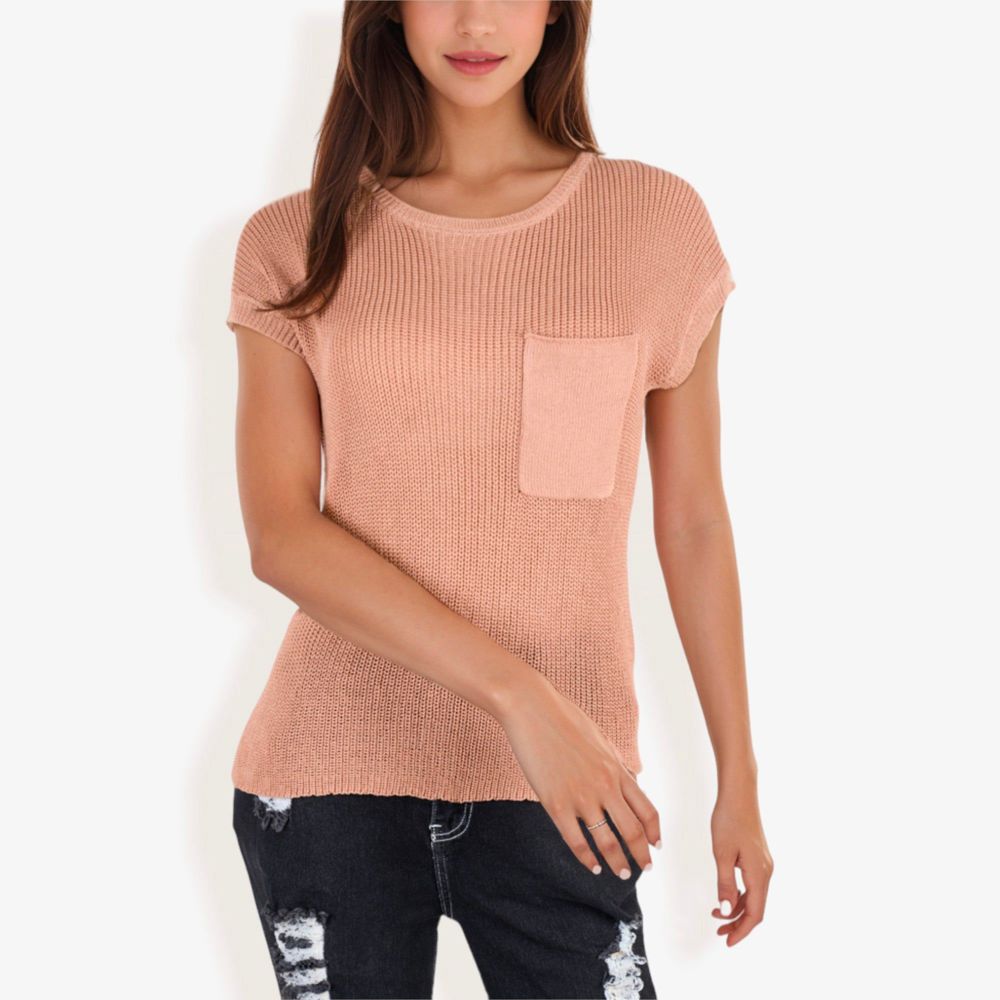 Sleeveless Knit Top with Ribbed Texture and Front Patch Pocket