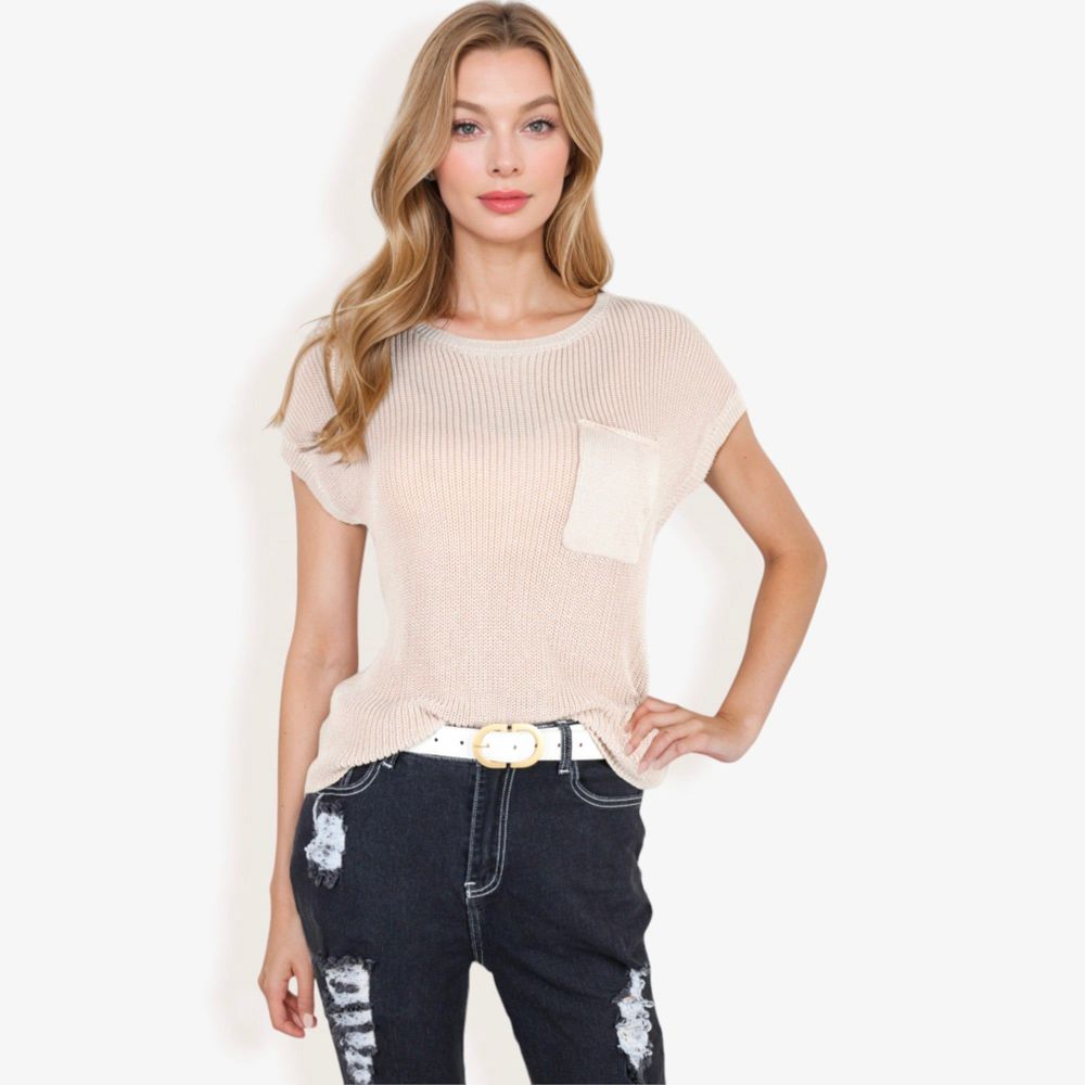 Sleeveless Knit Top with Ribbed Texture and Front Patch Pocket