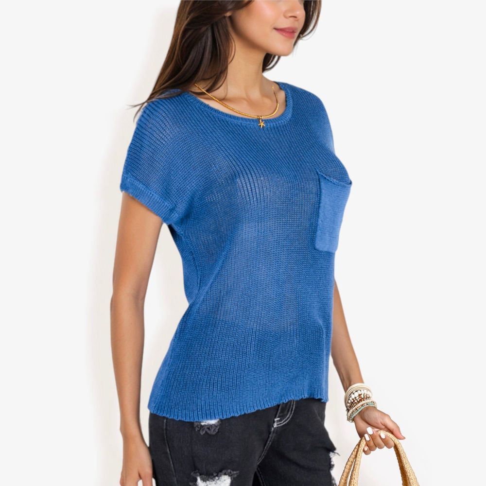 Sleeveless Knit Top with Ribbed Texture and Front Patch Pocket