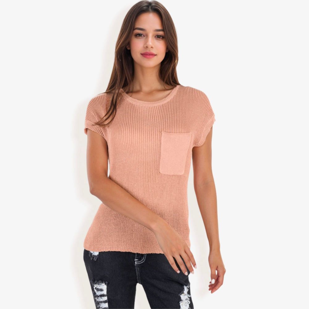 Sleeveless Knit Top with Ribbed Texture and Front Patch Pocket