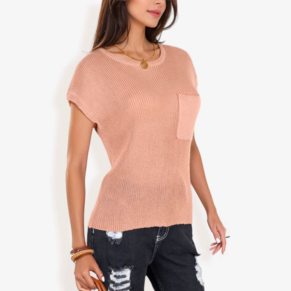 Sleeveless Knit Top with Ribbed Texture and Front Patch Pocket