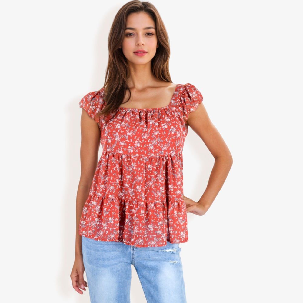 Floral Print Peplum Top with Square Neck and Short Flutter Sleeves