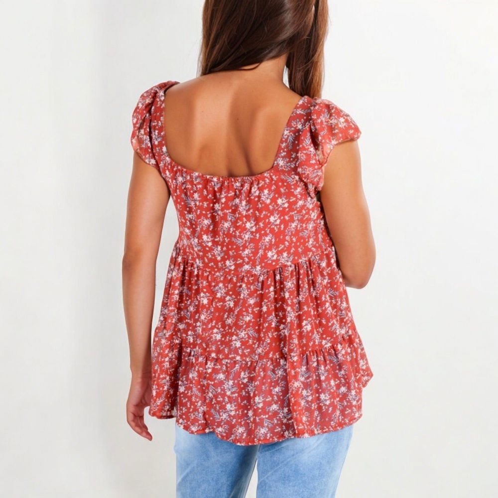 Floral Print Peplum Top with Square Neck and Short Flutter Sleeves