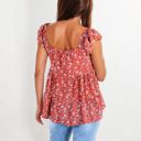  Floral Print Peplum Top with Square Neck and Short Flutter Sleeves