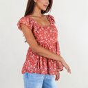  Floral Print Peplum Top with Square Neck and Short Flutter Sleeves