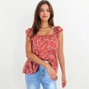  Floral Print Peplum Top with Square Neck and Short Flutter Sleeves