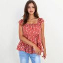  Floral Print Peplum Top with Square Neck and Short Flutter Sleeves