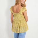 Yellow Large Floral Print Peplum Top with Square Neck and Short Flutter Sleeves