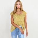 Yellow Large Floral Print Peplum Top with Square Neck and Short Flutter Sleeves