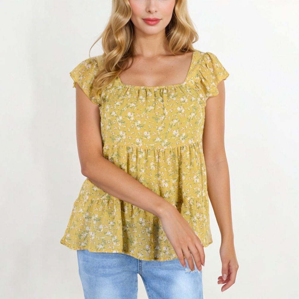 Floral Print Peplum Top with Square Neck and Short Flutter Sleeves