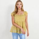 Yellow Large Floral Print Peplum Top with Square Neck and Short Flutter Sleeves