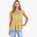 Yellow Medium Floral Print Peplum Top with Square Neck and Short Flutter Sleeves