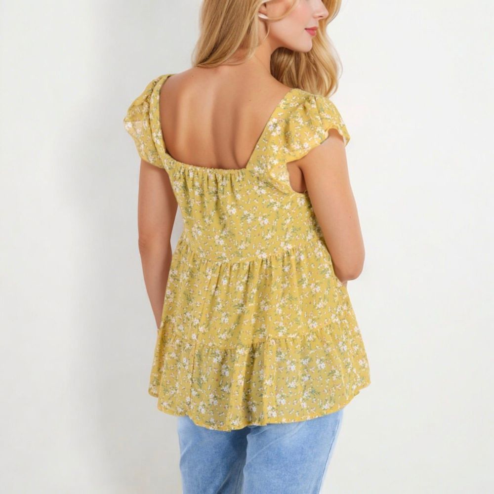 Floral Print Peplum Top with Square Neck and Short Flutter Sleeves