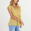 Yellow Medium Floral Print Peplum Top with Square Neck and Short Flutter Sleeves