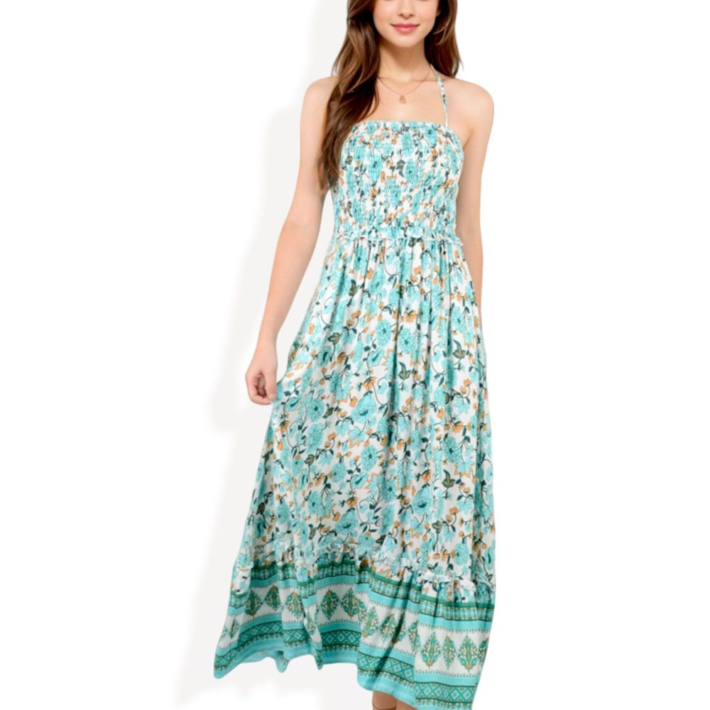 Smocked Strapless Maxi Dress with Floral Print and Tiered Hem