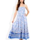 Blue Large Smocked Strapless Maxi Dress with Floral Print and Tiered Hem