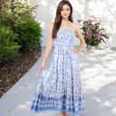 Blue Large Smocked Strapless Maxi Dress with Floral Print and Tiered Hem