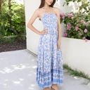 Blue Large Smocked Strapless Maxi Dress with Floral Print and Tiered Hem