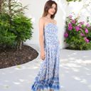 Blue Large Smocked Strapless Maxi Dress with Floral Print and Tiered Hem