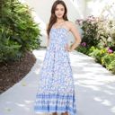 Blue Large Smocked Strapless Maxi Dress with Floral Print and Tiered Hem