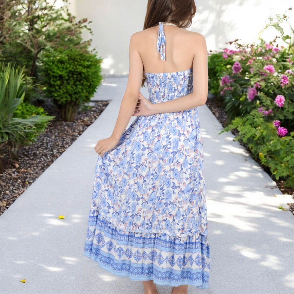 Smocked Strapless Maxi Dress with Floral Print and Tiered Hem