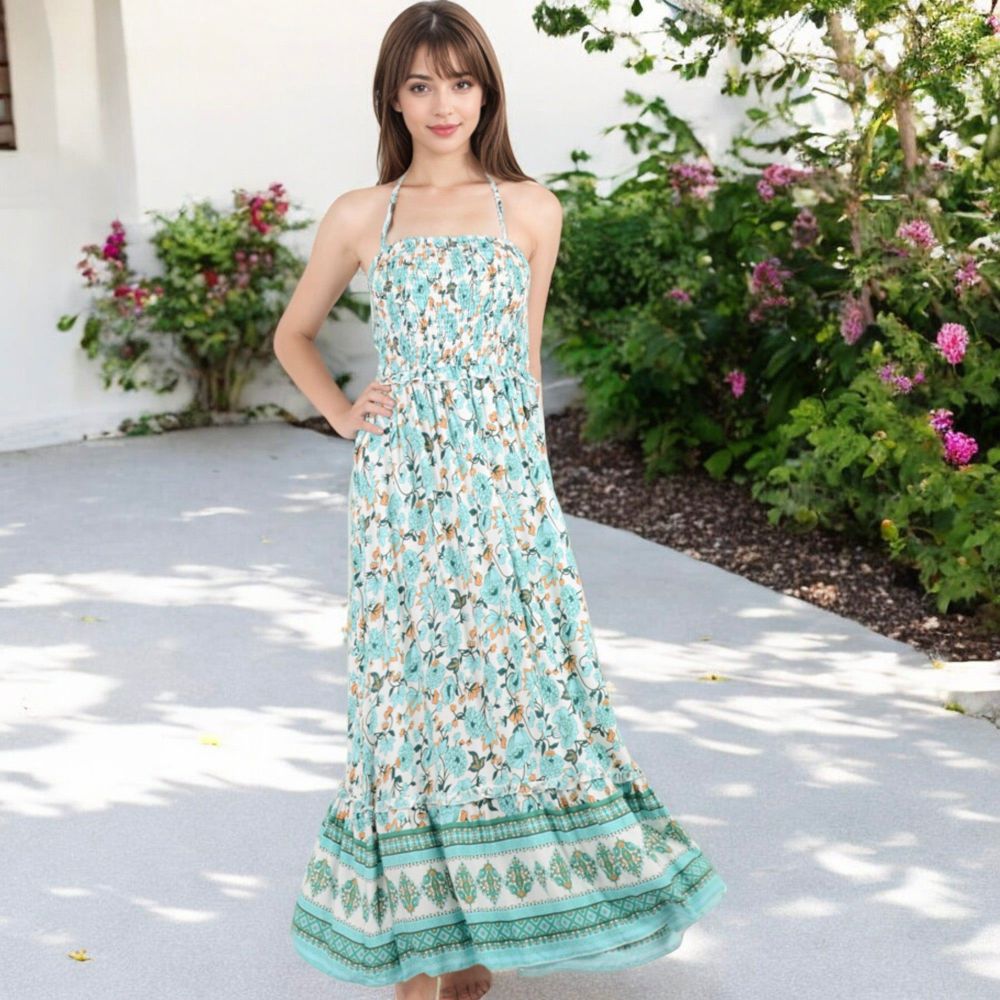 Smocked Strapless Maxi Dress with Floral Print and Tiered Hem